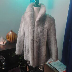 Vintage French Faux Fur Coat – Silver Gray Plush – Open Front Shawl Collar – Mad